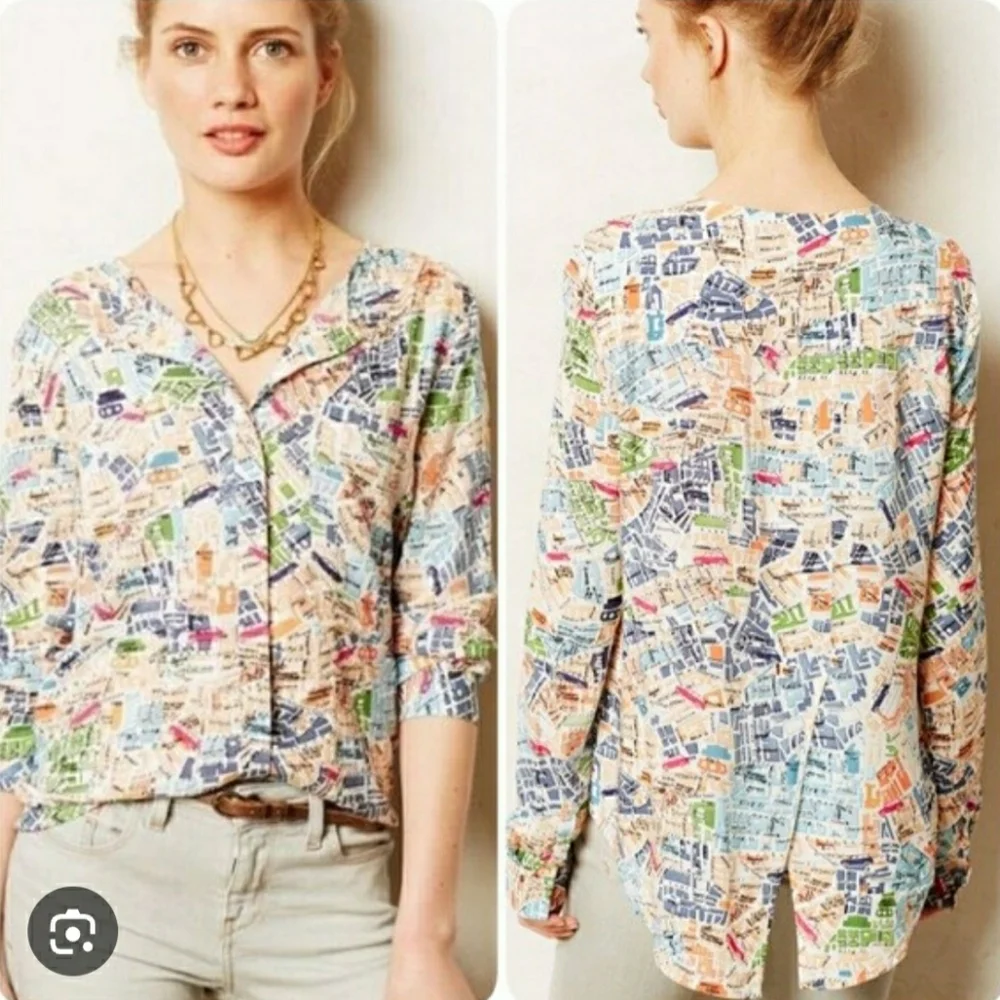 Maeve By Anthropologie Women's Multicolor Graphic Print Map Shirt Blouse Sz 8 - Picture 1 of 15